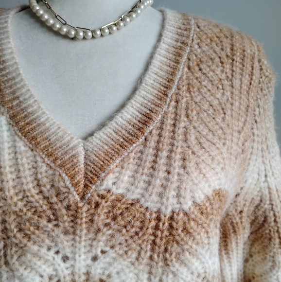 LOFT Wool Blend Chunky V-Neck Tawny Tan Carmel Cream Stripe Sweater Size… - Picture 4 of 15